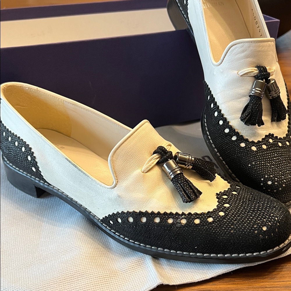 Stuart Weitzman Black and White Tassel Loafers